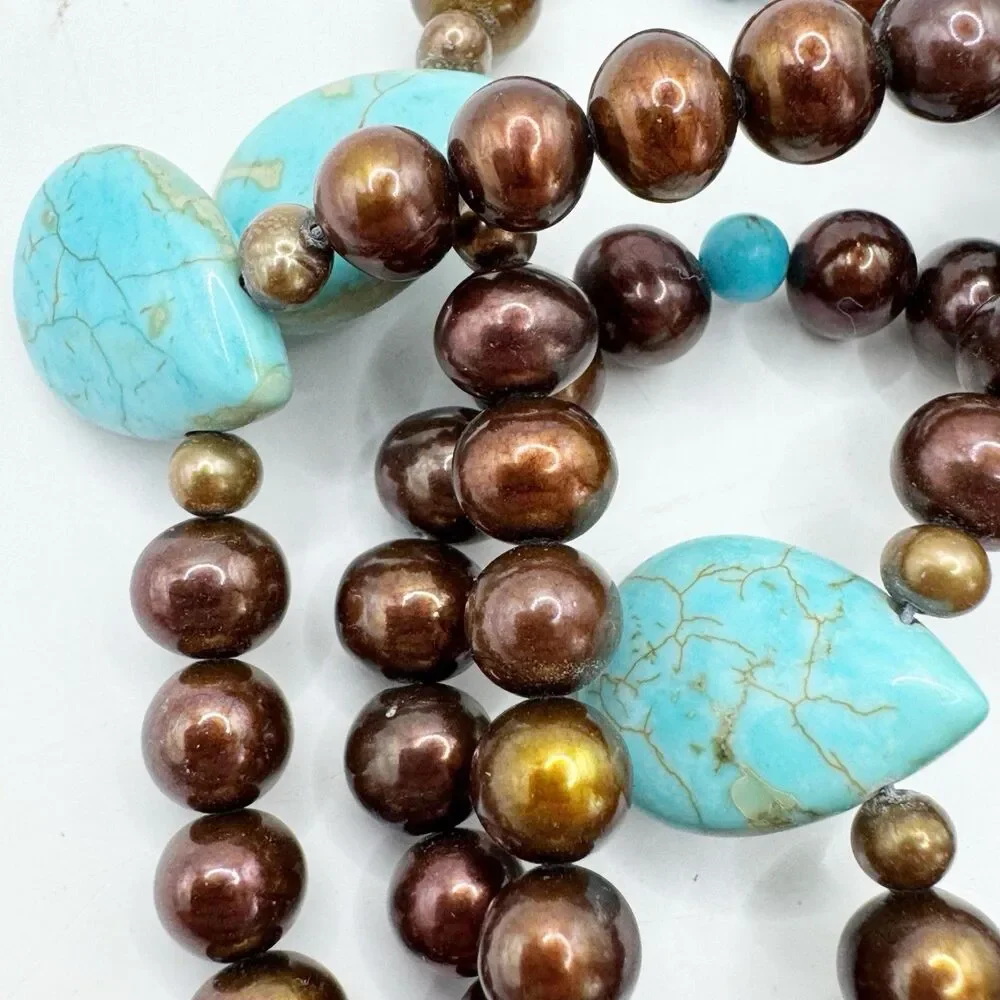 Turquoise Teardrop Bronze Pearl Double Strand Necklace Sterling Silver Bohemian
